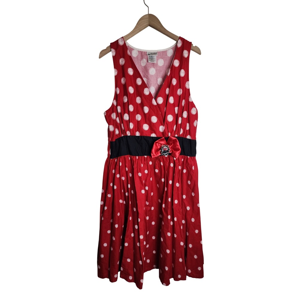 Disney Parks Polka Dot Dress Women XL Red Minnie Mouse Bow V-Neck Sleeveless